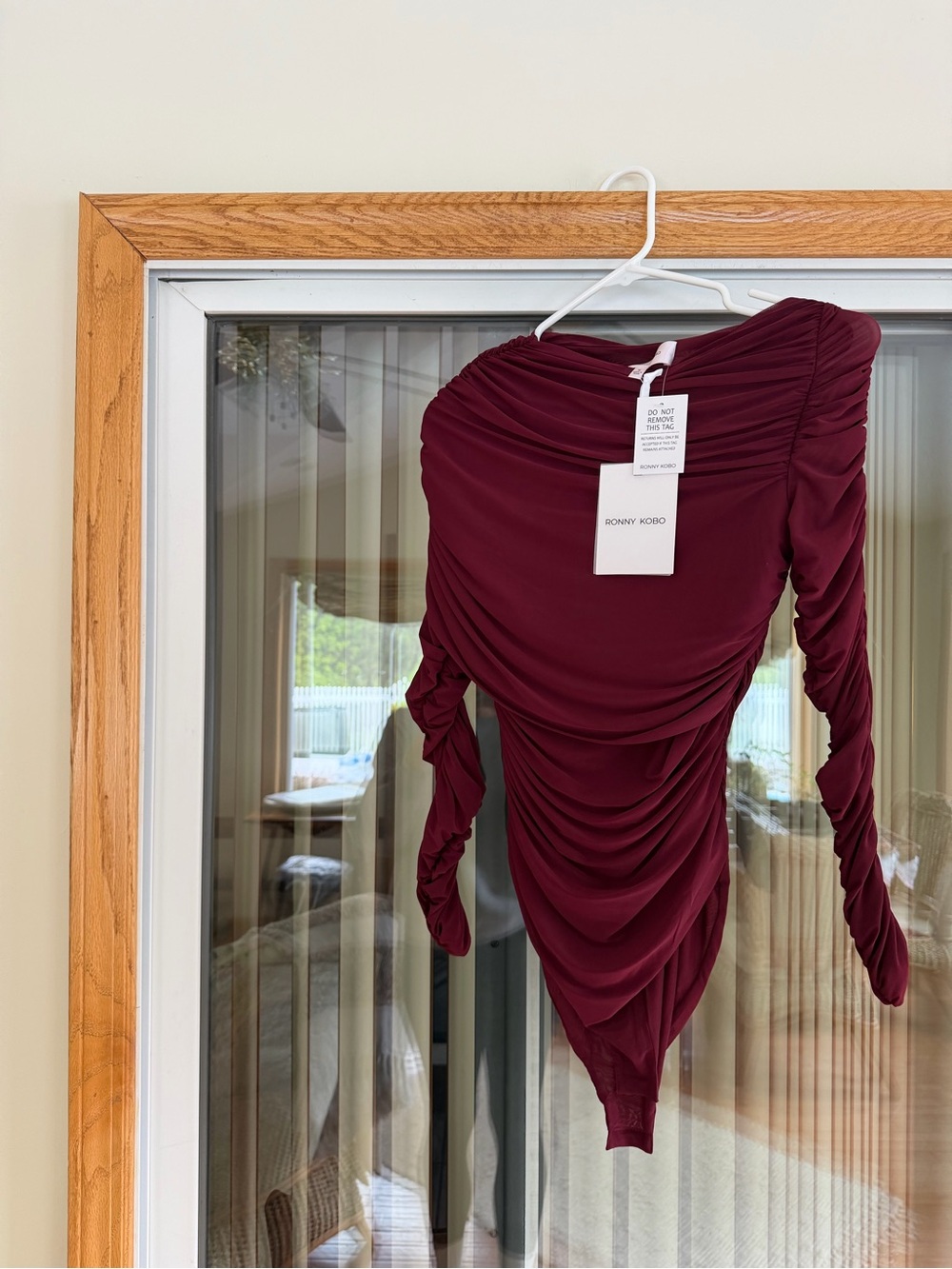 Ronny Kobo Collection Burgundy Ruched Long-Sleeve Zarina Bodysuit - Picture 2 of 8